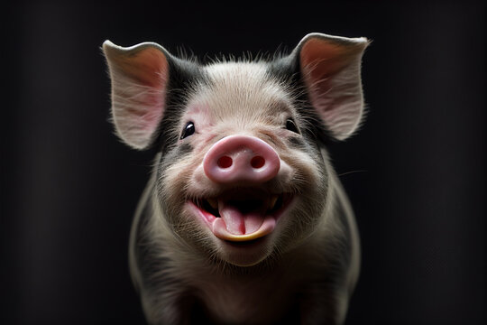Illustrated portrait of a cute pig looking into the camera and laughing happily in front of dark background. Generative ai
