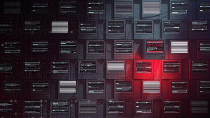 Wall of connected computers. Isometric technology background. 3D render