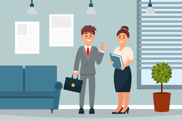 Two business people standing and talking in office. Male boss giving advice to his secretary cartoon vector