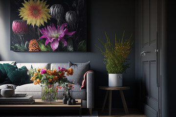Bright modern interior elements, fresh flowers, and sunbeams from a window against a background of dark walls are featured in this modern interior design of a living room in an apartment, home, or wor