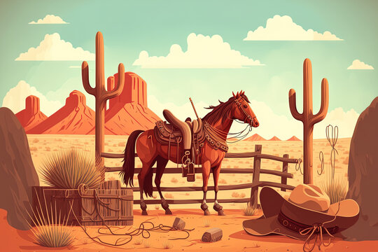 In a wild west setting, a horse saddle is hung on a wooden ranch fence. Desert landscape, hazy sky, and red dry earth in cartoon. Cowboy equipment on a Mexican or American farm, illustration