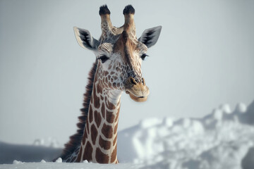 Giraffe in deep snow, only head and neck out of snow. Generative AI.