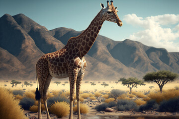 Landscape with giraffe. Generative AI.