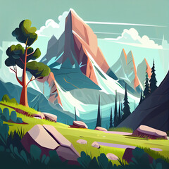 Landscape of mountains and lake, illustration. Generative AI.
