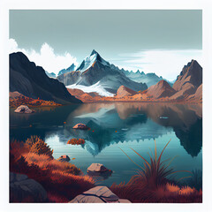 Fototapeta na wymiar Landscape of mountains and lake, illustration. Generative AI.
