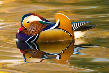Manderin Duck on golden pond with beautiful reflection in water. 