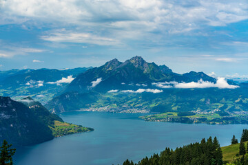 Naklejka premium Switzerland 2022, Beautiful view of the Alps from Rigi Kulm. Lake Luzern and Pilatus.