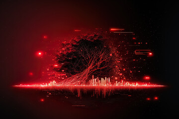 Background of digital technology with abstract red particles. Generative AI
