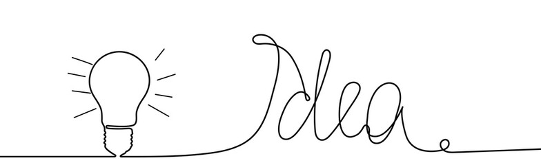 Continuous one line light bulb with word Idea. Hand drawing linear icon, lamp sketch , business idea design, brainstorm inspiration concept. Vector illustration.