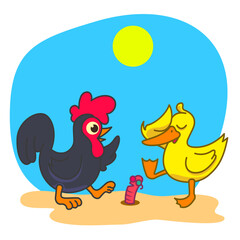 chicken, duck and worm in hot summer day