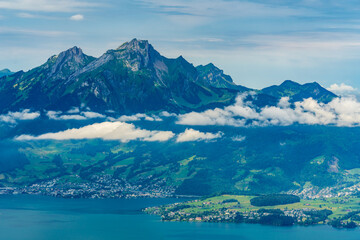 Naklejka premium Switzerland 2022, Beautiful view of the Alps from Rigi Kulm. Lake Luzern and Pilatus.