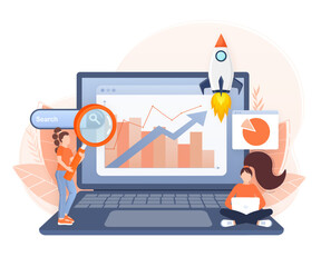 Fototapeta premium SEO Optimization, web analytics and seo marketing social media concept. Business people analytics and monitoring on web report dashboard monitor