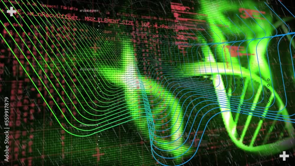 Poster animation of digital wave and data processing over spinning dna structures on black background