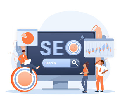 SEO Optimization, web analytics and seo marketing social media concept. Business people analytics and monitoring on web report dashboard monitor