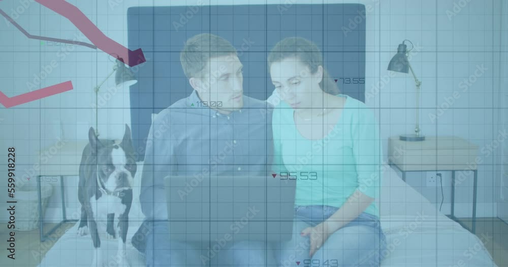 Aufkleber animation of statistical data processing over caucasian couple using laptop together at home