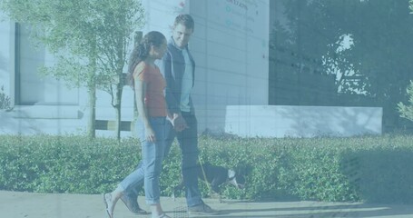 Animation of statistical data processing over caucasian couple walking their dog together outdoors - Powered by Adobe