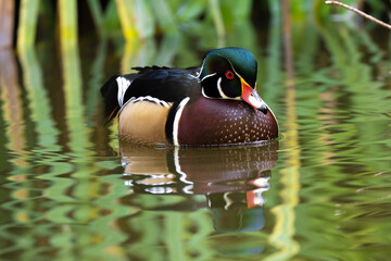 Male Wood Duck on pond with beautiful reflection.