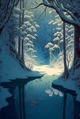 Serene Anime Landscape Painting of a Creek Running through a Snowy Winter Wood. Snow Covered Manga Forest. [Digital Art Painting. Storybook / Fantasy Background. Graphic Novel, Postcard, or Product.]