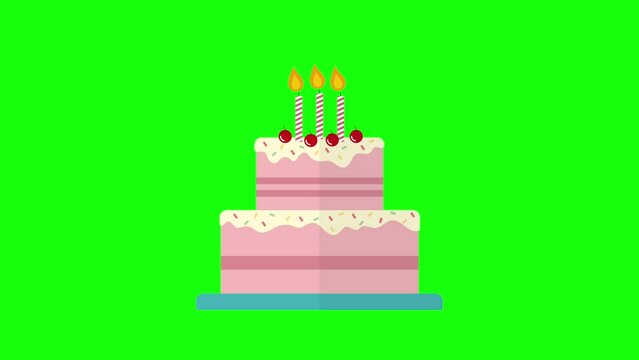 Animated Cartoon Happy birthday  birthday cake motion element with Candles with flames isolated on green chroma key screen. Decorative Birthday Cake with Candles and Cherries. 