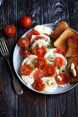 Healthy salad with tomatoes, mozzarella and croutons. Panzanella salad.