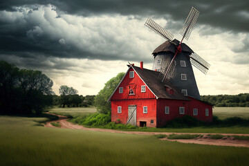 Fototapeta na wymiar the windmill and red barn in the landscape. Generative AI