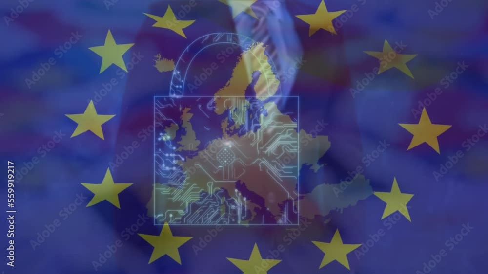 Poster animation of padlock, data processing and flag of eu
