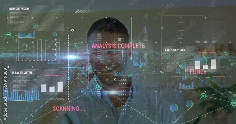 Aufkleber animation of network of connections and network of icons over caucasian man talking on smartphone