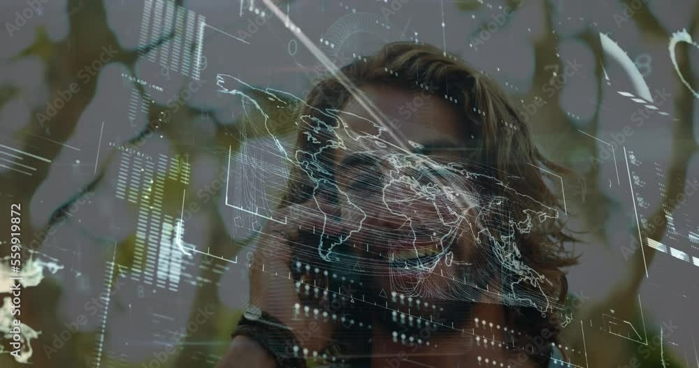 Aufkleber animation of interface with data processing over caucasian man talking on smartphone