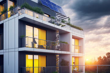 On the building's balcony are solar panels. Modern apartment with balcony and solar panel. Generative AI