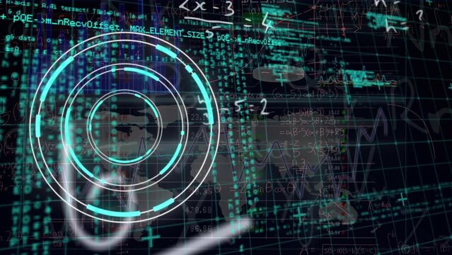 Animation of neon round scanner, data processing and mathematical equations on black background - Powered by Adobe