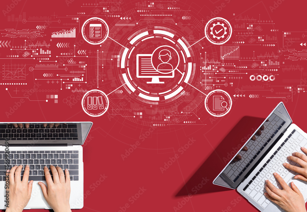 Aufkleber document management system concept with people working together with laptop computers