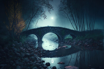 gloomy dream woodland Stones line the bank of a river in a woodland. Moonlight and a wooded scene at night. fog, haze, and smoke. River crossing bridge. A fantastical setting. Generative AI