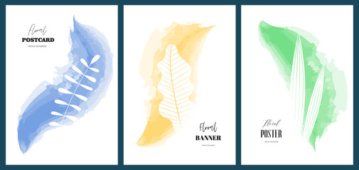 Posters with abstract watercolor drawing foliage. Floral leaf art hand drawn placard set. Botanical aquarelle paint brush cover collection. Banners with colorful summer leaves. Herbal plants postcards