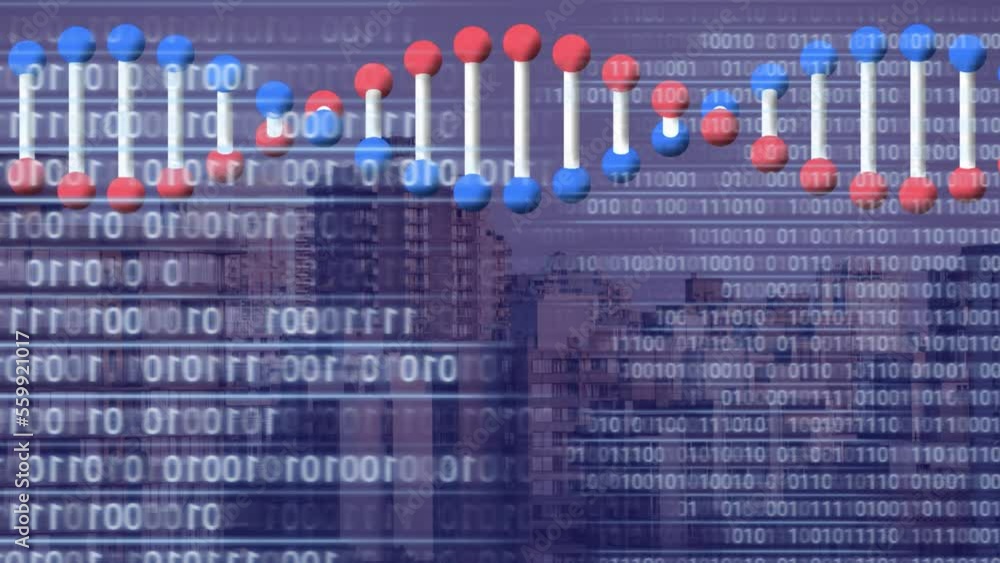 Poster animation of dna strand, binary coding with data processing over cityscape