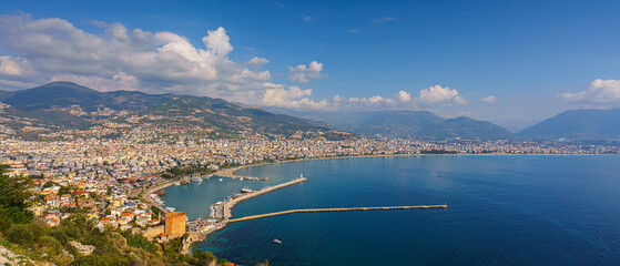 aerial panoramic view of the port and coastline of Alanya, Antalya, Turkey
