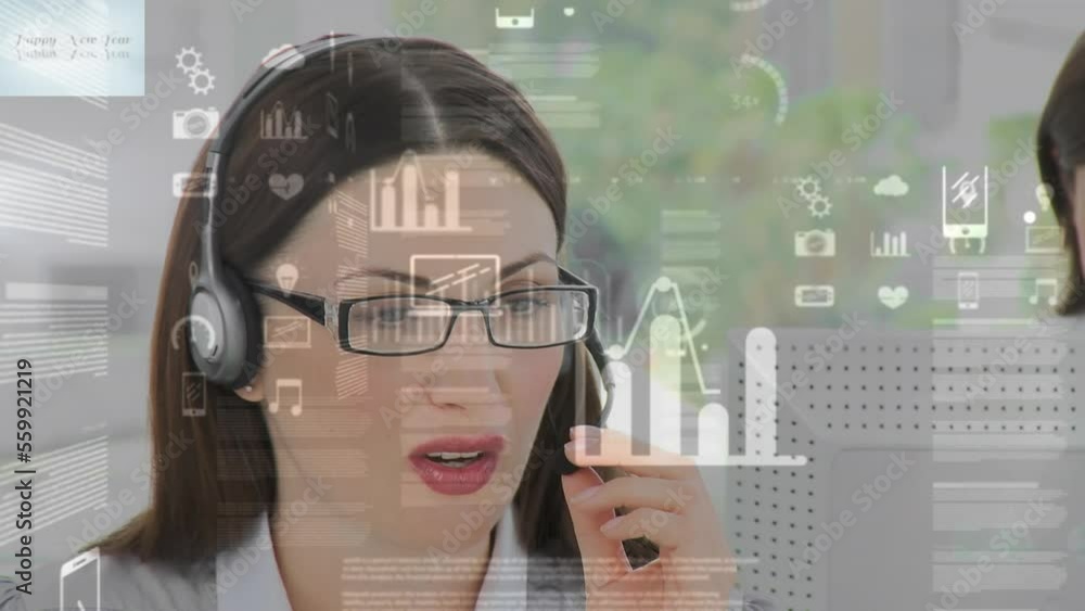 Poster animation of data processing with icons over businesswoman using phone headset
