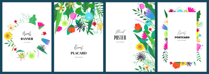 Fototapeta na wymiar Poster templates with abstract drawing flowers. Floral art hand drawn placard set. Botanical elements on spring holiday cover collection. Banners with summer blooms. Herbal plants postcard eps design