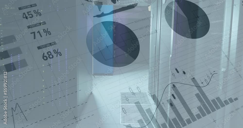 Poster animation of financial data processing over server room
