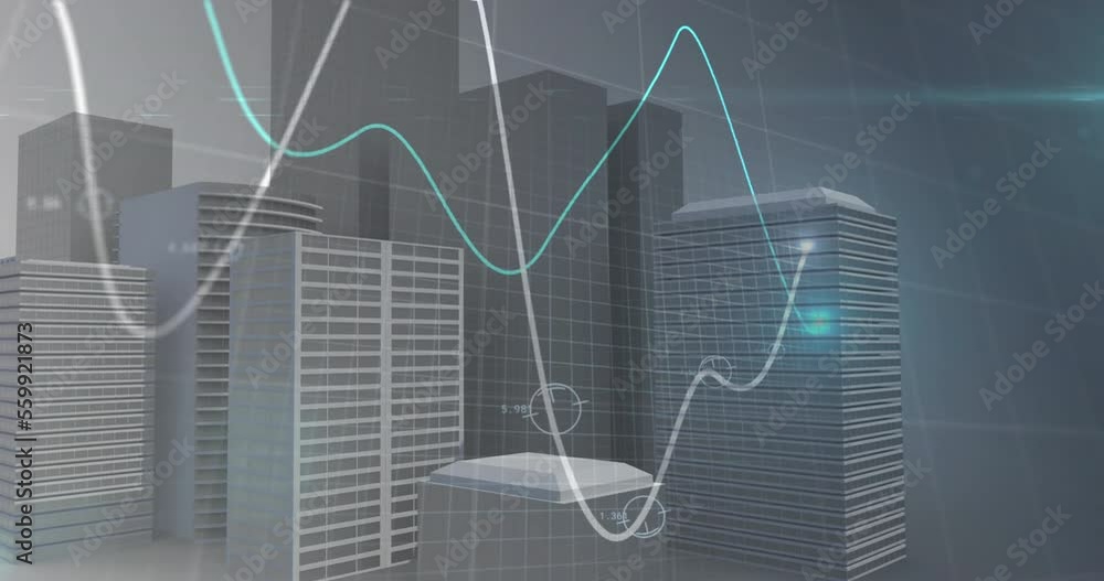 Poster animation of financial data processing digital buildings on black background