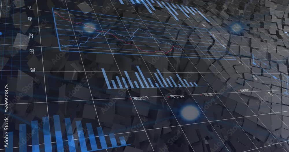 Poster animation of financial data processing over squares on black background