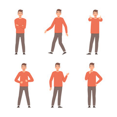 Full length of young man expressing positive and negative emotions and gesturing set cartoon vector illustration