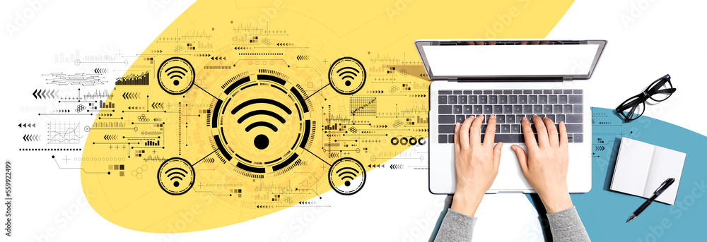 Poster wifi theme with person using a laptop computer