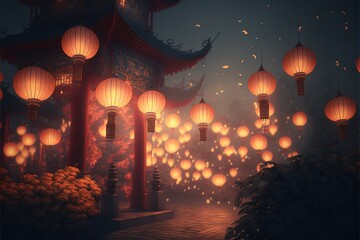 Beautiful Fireworks and Lanterns on Chinese New Year - obrazy, fototapety, plakaty