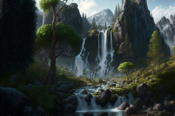 Beautiful waterfall amid the mountains' ancient summer woodland. Generative AI