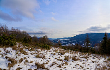 Fototapeta na wymiar Winter landscape in Bieszczady. Bieszczady mountains in winter. Winter mountains landscape.