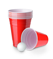 Beer pong. Red plastic cups and ping pong ball