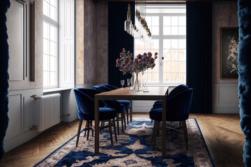 Dining room interior design in Scandinavian style with velvet blue seats, a wooden table, and an antique carpet. Generative AI