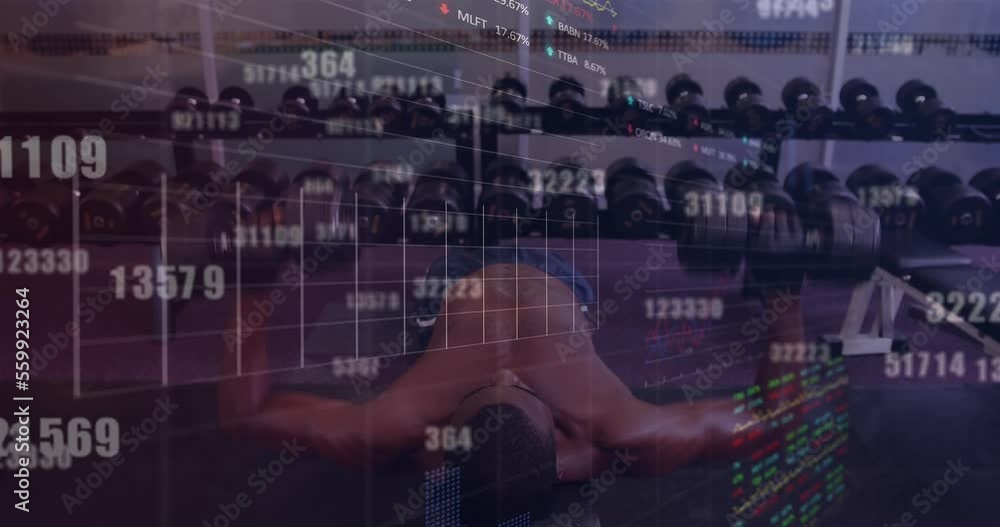 Poster composite of numbers and data processing over man exercising