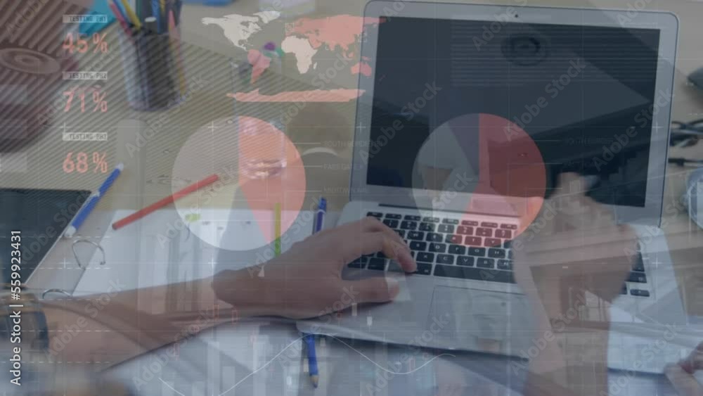 Poster Financial data and graphs being displayed on a computer screen as businesspeople talk on an escalato