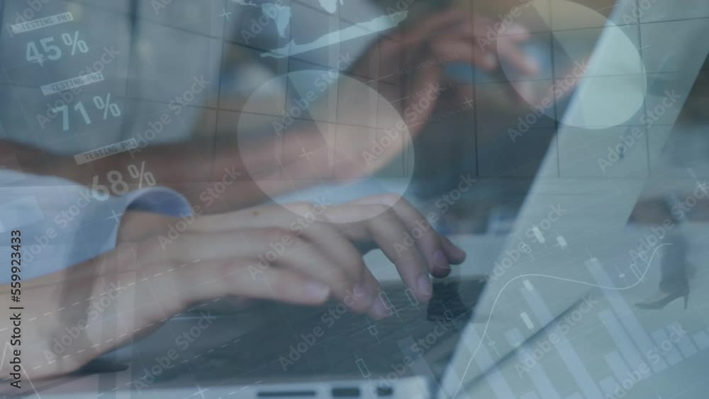 Aufkleber animation of statistics and data processing over diverse business people working in office